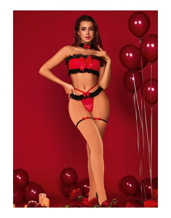 Transparan Siyah-kırmızı Fantezi Bacak Bantlı Sütyen Külot Takımı