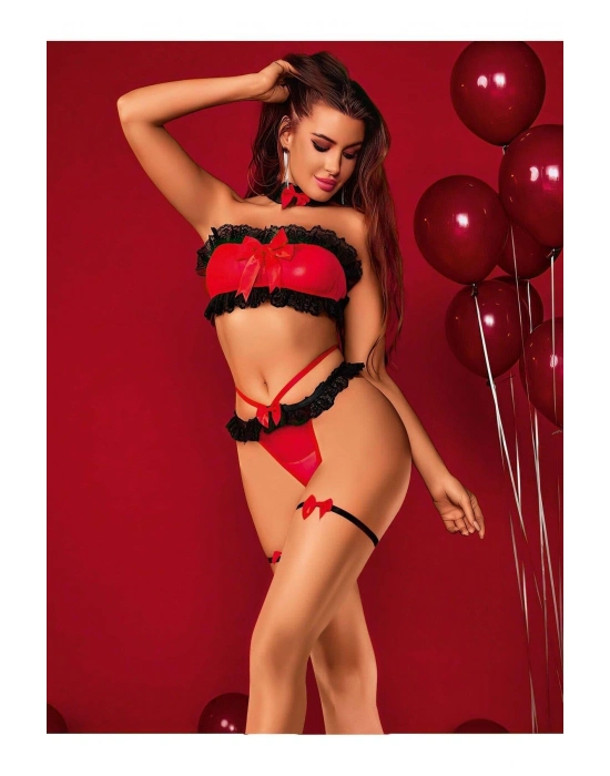 Transparan Siyah-kırmızı Fantezi Bacak Bantlı Sütyen Külot Takımı