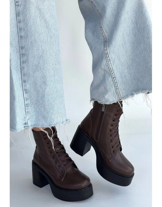 Tsan Kahverengi Cilt Bağcıklı Topuklu Bot - Bamido