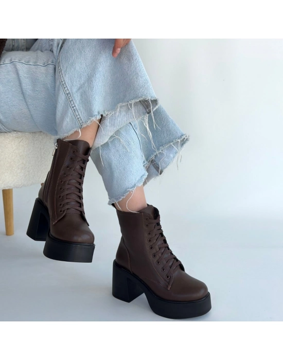 Tsan Kahverengi Cilt Bağcıklı Topuklu Bot - Bamido