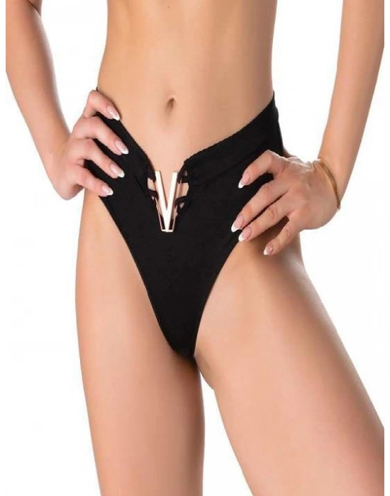 V Metal Aksesuarlı Fantezi Siyah String Tanga