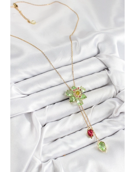 Vıp Pirinç Zirkon Taşlı Çiçek Model Gold Renk Asansörlü Kadın Kolye - Bamido