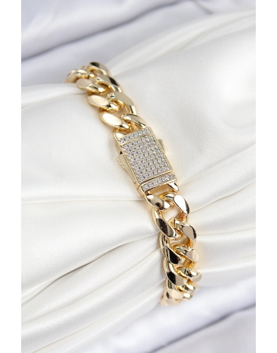 Vıp Pirinç Zirkon Taşlı Cuba Model Gold Renk Kadın Bileklik - Bamido