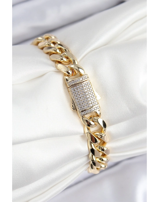 Vıp Pirinç Zirkon Taşlı Klasik Zincir Model Gold Renk Kadın Bileklik - Bamido
