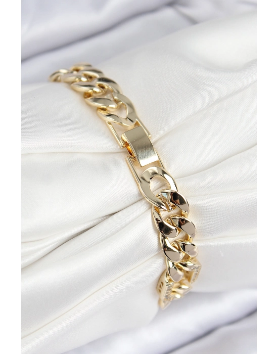 Vıp Pirinç Zirkon Taşlı Parçalı Zincir Model Gold Renk Kadın Bileklik - Bamido