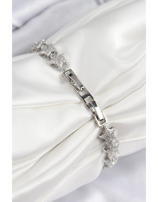 Vıp Seri Pirinç Zirkon Taşlı Sıralı Yıldız Model Gümüş Renk Kadın Bileklik - Bamido