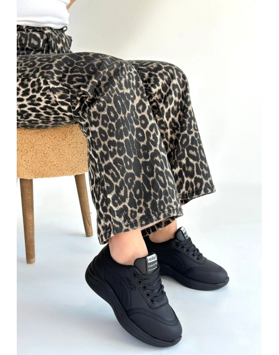 Yejja Siyah Cilt Bağcıklı Spor Ayakkabı - Bamido