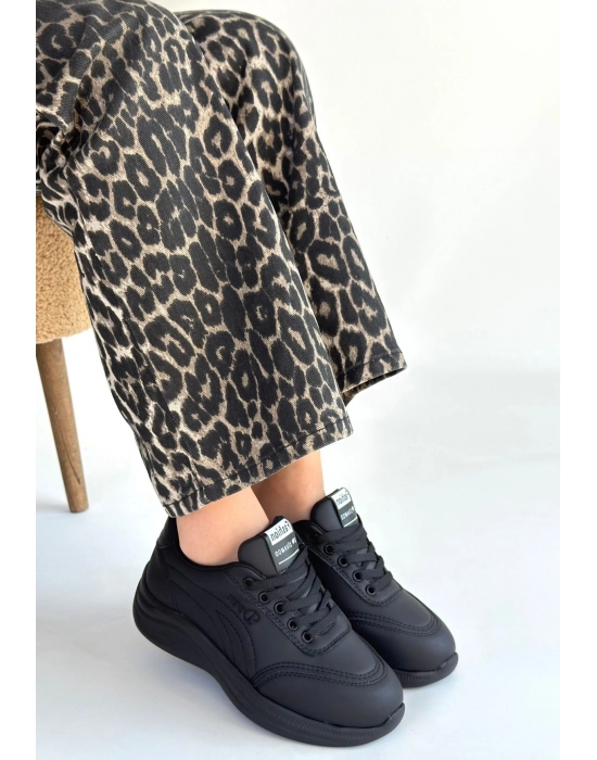 Yejja Siyah Cilt Bağcıklı Spor Ayakkabı - Bamido