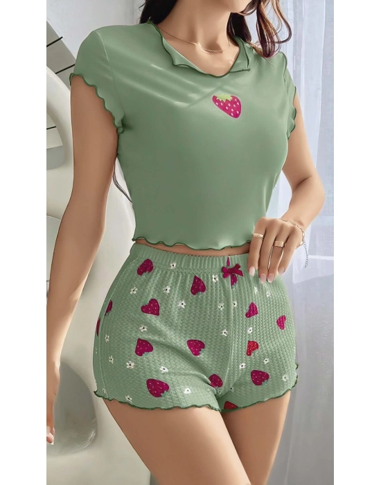 Yeşil Çilek Desenli Askılı Şortlu Pijama Takım