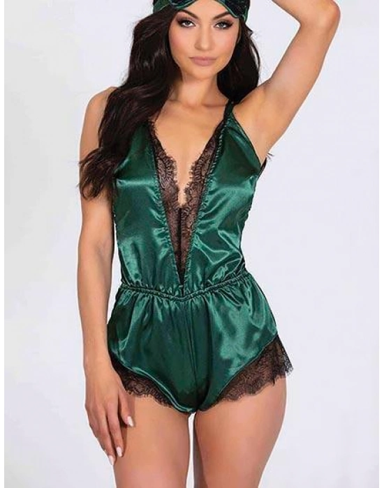 Yeşil Dantelli Sırtı Çapraz Saten Şort Tulum