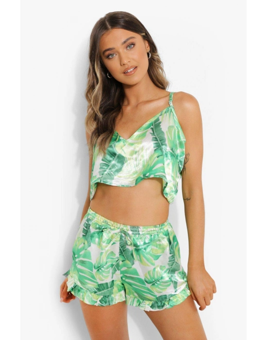 Yeşil Fırfırlı Şortlu Pijama Takımı