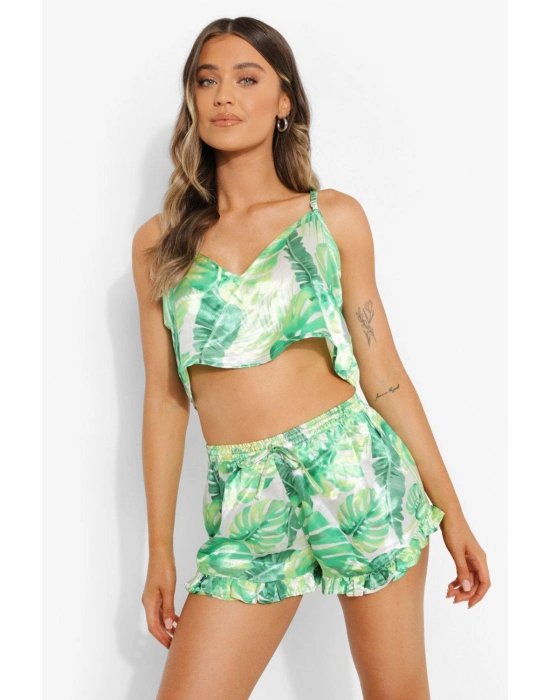 Yeşil Fırfırlı Şortlu Pijama Takımı