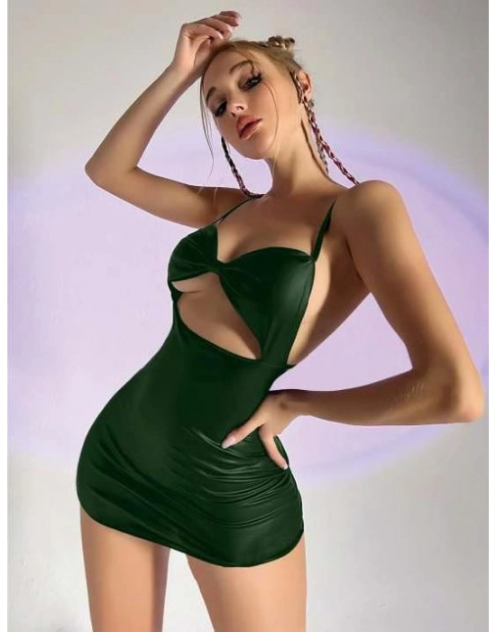 Yeşil Göğüs Dekolteli Fantezi Lame Deri Elbise