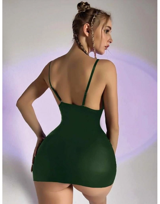 Yeşil Göğüs Dekolteli Fantezi Lame Deri Elbise