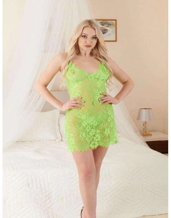 Yeşil Transparan Dantel İşlemeli Fantezi Gecelik