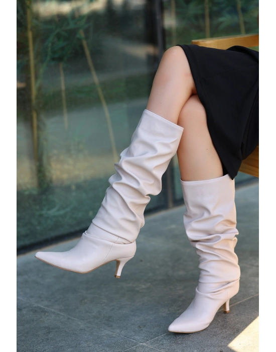 Zelya Bej Cilt Topuklu Çizme - Bamido