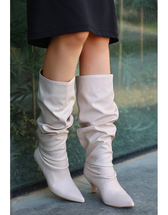 Zelya Bej Cilt Topuklu Çizme - Bamido