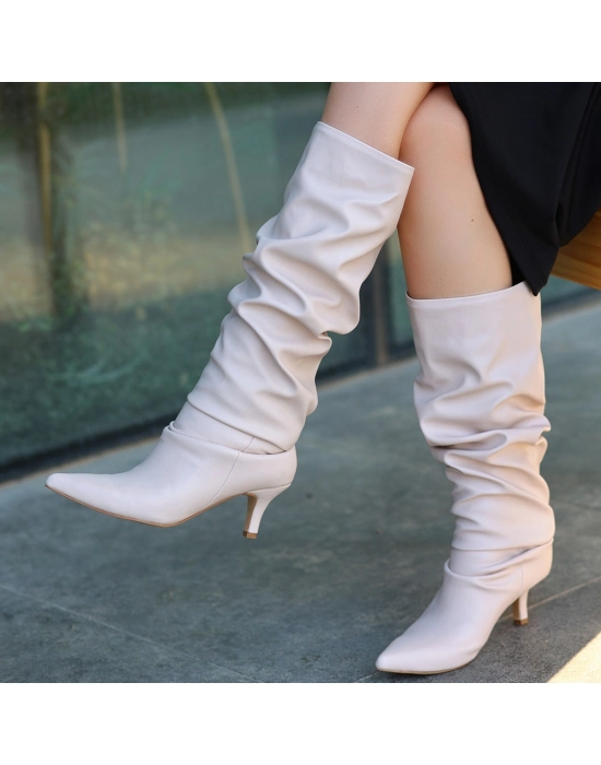 Zelya Bej Cilt Topuklu Çizme - Bamido