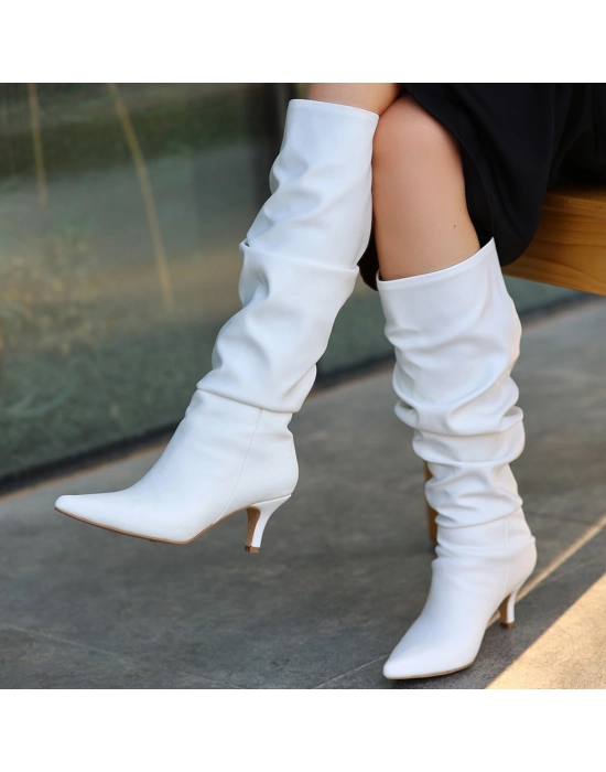 Zelya Beyaz Cilt Topuklu Çizme - Bamido