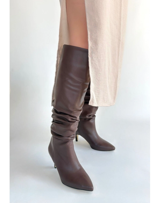 Zelya Kahverengi Cilt Topuklu Çizme - Bamido