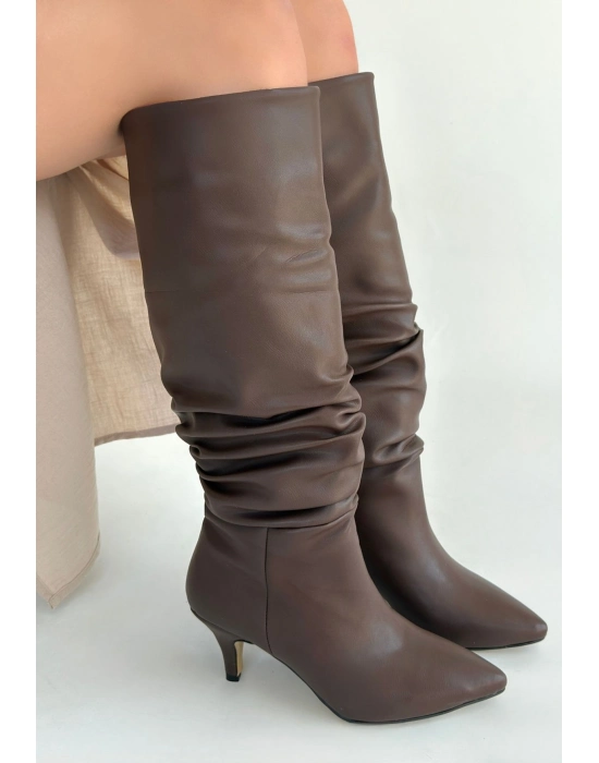 Zelya Kahverengi Cilt Topuklu Çizme - Bamido
