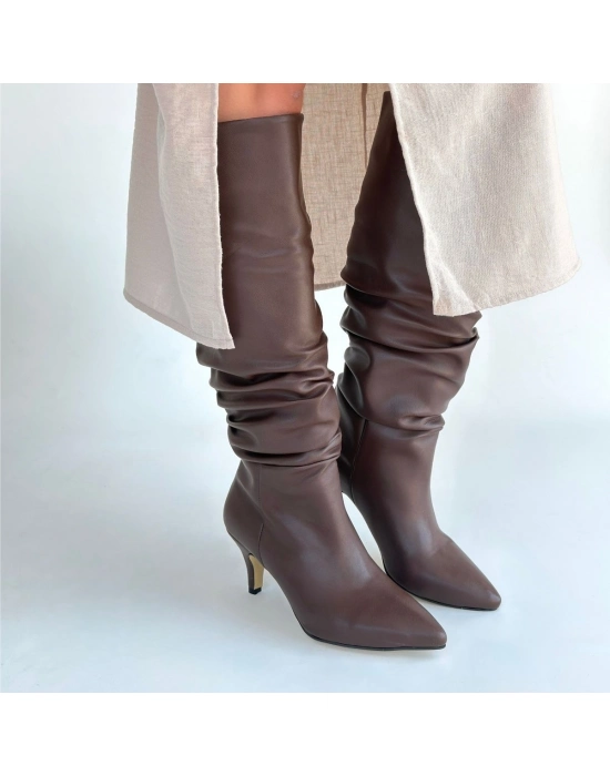 Zelya Kahverengi Cilt Topuklu Çizme - Bamido