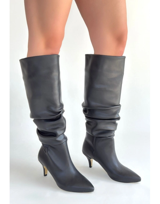 Zelya Siyah Cilt Topuklu Çizme - Bamido