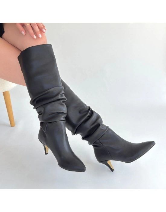 Zelya Siyah Cilt Topuklu Çizme - Bamido