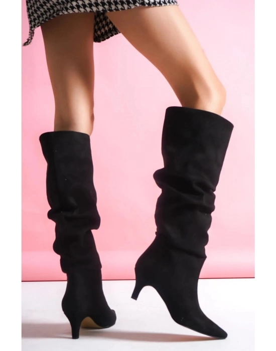 Zelya Siyah Süet Topuklu Çizme - Bamido