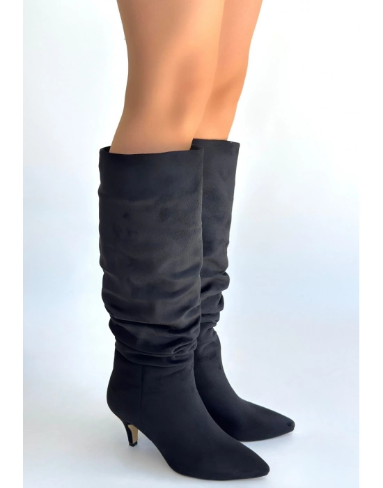 Zelya Siyah Süet Topuklu Çizme - Bamido