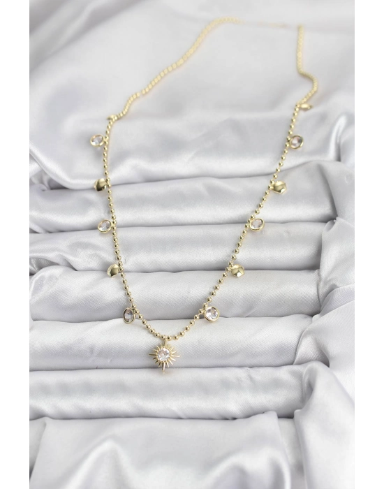 Zirkon Taşlı Kutup Yıldızı Model Pirinç Gold Renk Kadın Kolye - Bamido