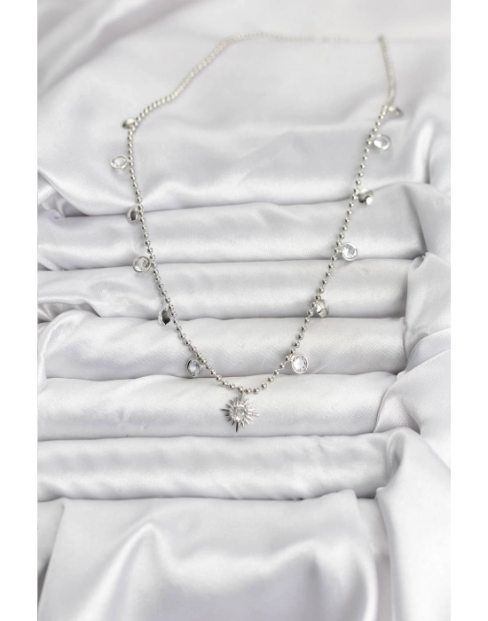 Zirkon Taşlı Kutup Yıldızı Model Pirinç Gümüş Renk Kadın Kolye - Bamido