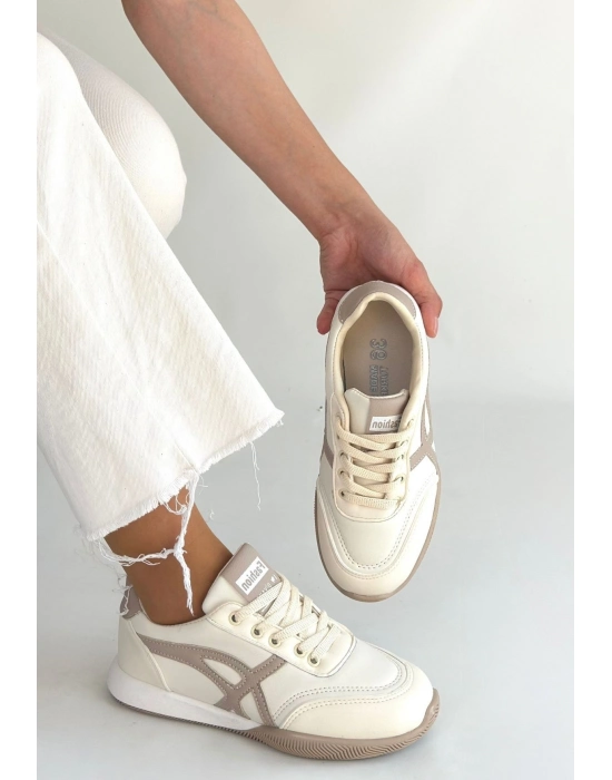 Zlay Bej Cilt Vizon Detaylı Bağcıklı Spor Ayakkabı - Bamido