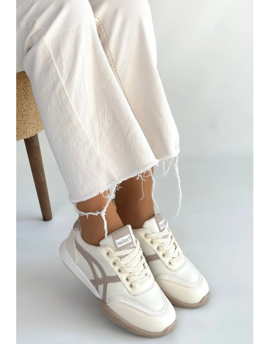 Zlay Bej Cilt Vizon Detaylı Bağcıklı Spor Ayakkabı - Bamido