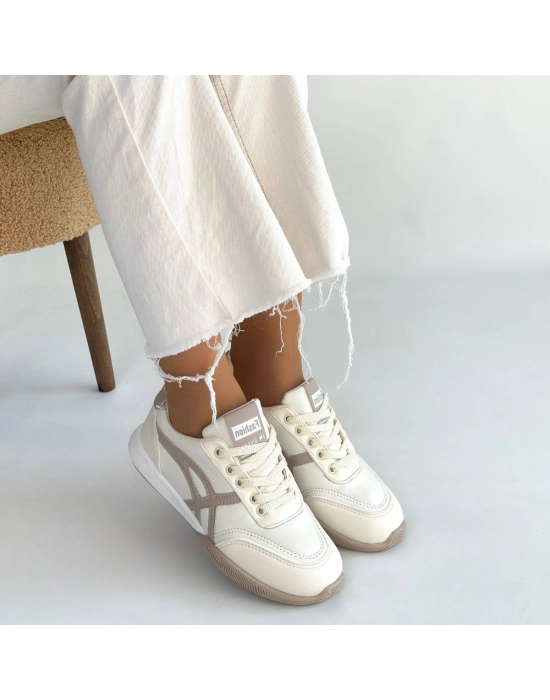 Zlay Bej Cilt Vizon Detaylı Bağcıklı Spor Ayakkabı - Bamido