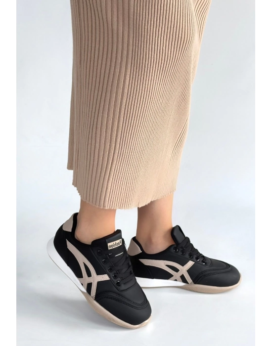 Zlay Siyah Cilt Bej Detaylı Bağcıklı Spor Ayakkabı - Bamido