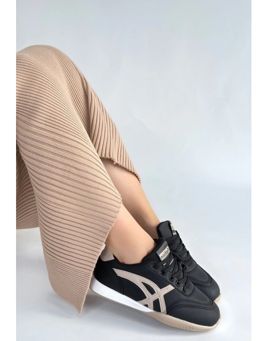 Zlay Siyah Cilt Bej Detaylı Bağcıklı Spor Ayakkabı - Bamido