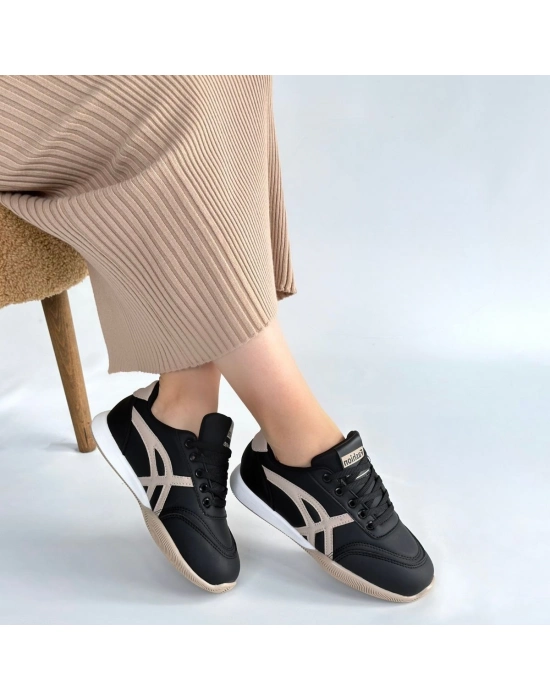 Zlay Siyah Cilt Bej Detaylı Bağcıklı Spor Ayakkabı - Bamido