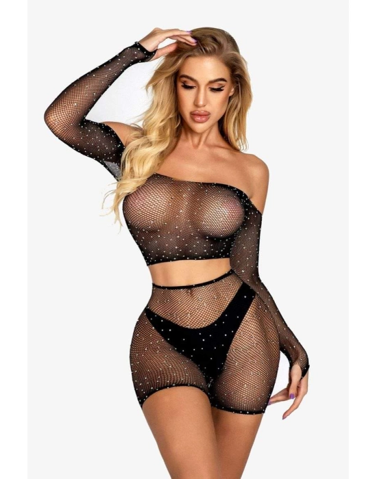 2 Parça Taşlı Omuzları Açık Crop- Şort Vücut Çorabı