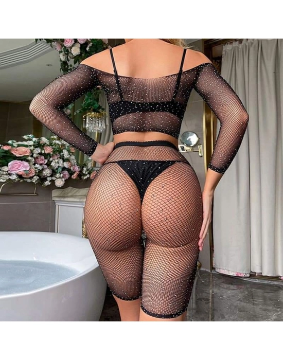 2 Parça Taşlı Omuzları Açık Crop- Şort Vücut Çorabı