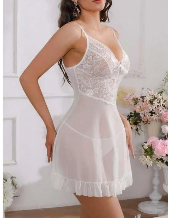 Beyaz Fırfırlı Dantel İşlemeli İnce Askılı Likralı Fantezi Tül Gecelik