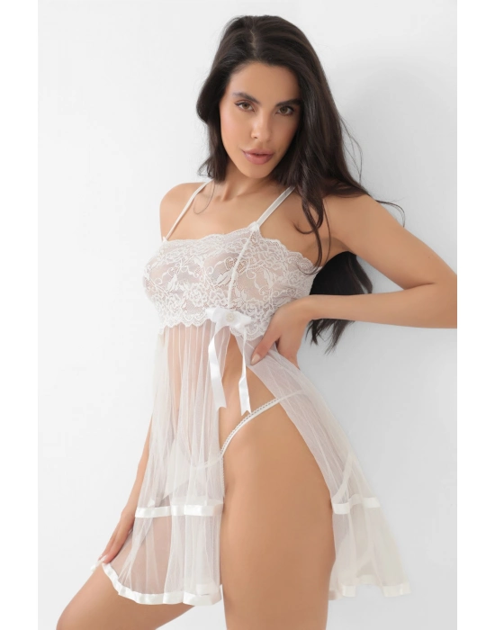 Beyaz Şifon Pileli Gecelik-835