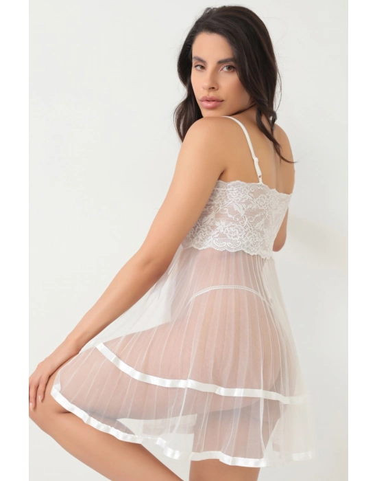 Beyaz Şifon Pileli Gecelik-835