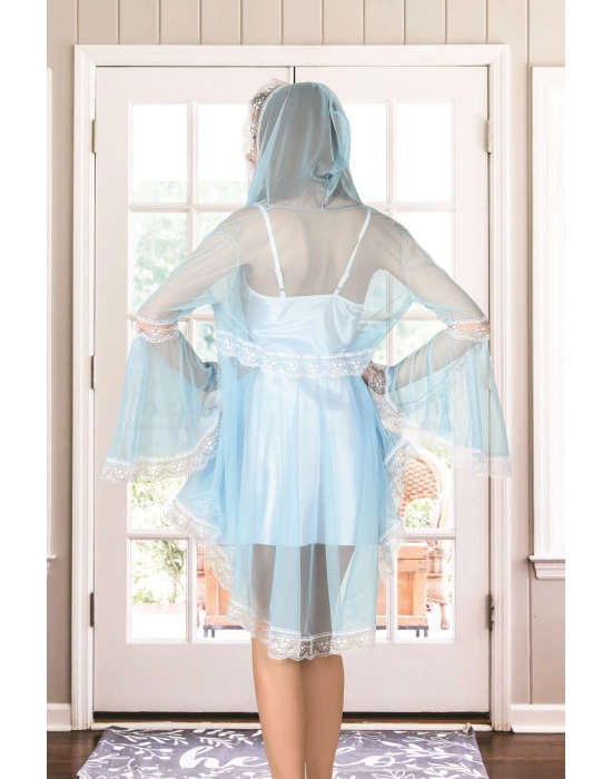 Beyaz Turkuaz Tül Dantelli Sabahlık & Gecelik Takım 2 Li - 1478