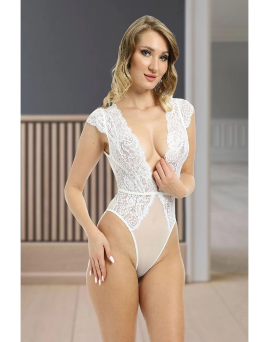 Beyaz Yarım Kol Dantel Bodysuit - 894