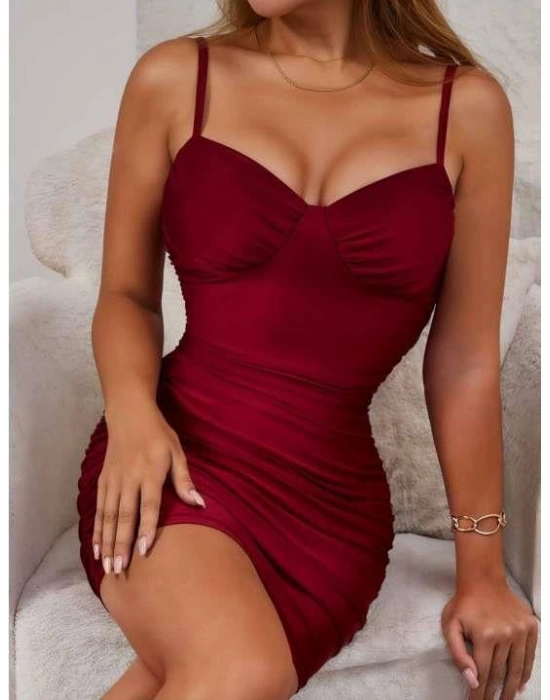 Bordo Büzgülü Mini Club Elbisesi