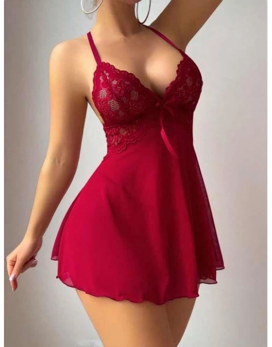 Bordo Dantel İşlemeli Boyundan Bağlamalı Likralı Fantezi Tül Gecelik