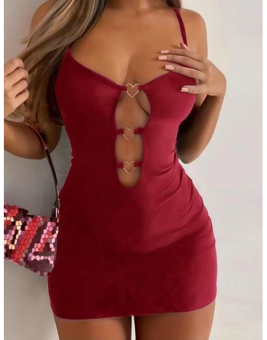 Bordo Göğüs Dekolteli Kalp Detaylı Mini Club Elbisesi
