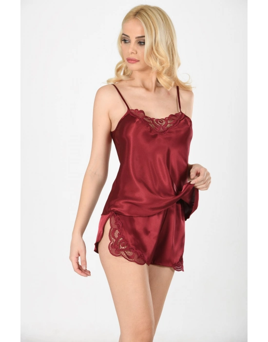 Bordo Saten Babydoll Şortlu Takım - 281