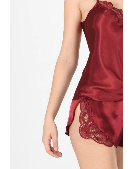 Bordo Saten Babydoll Şortlu Takım - 281